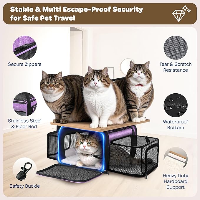 Top and 2 Sides Expandable Cat Carrier 18x13.5x9.5, TSA Airline Approved Dog Carriers for Small Dogs, Soft-Sided Pet Carrier with Self-Locking Zippers for Kitten,Rabbit, Puppy Purple