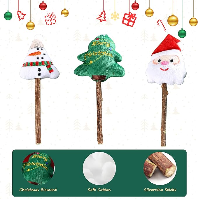 Christmas Catnip Toys Cat Chew Toy, 3Pcs Silvervine Sticks for Cats, Soft Plush Teething Chew Toy, Kitten Catnip Toys for Cats Exercise, with Gift Box