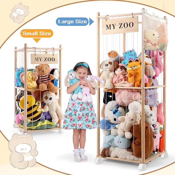 Stuffed Animal Storage Zoo with Wheels, Wooden Stuffed Animal Organizer with Elastic Cords, Space Saving Toy Plushies Storage Holder for Playroom, Bedroom, Living Room(Burlywood, Large)