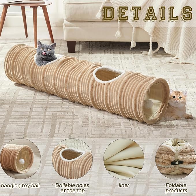 Cat Tunnel for Indoor Cats,Cats Toys Collapsible Tunnel Straight Tube with a Fun Ball and 2 Holes,Cat Play Tunnels,for Rabbits, Ferrets, Puppies & Large Pets,Diameter 11.8 Inch