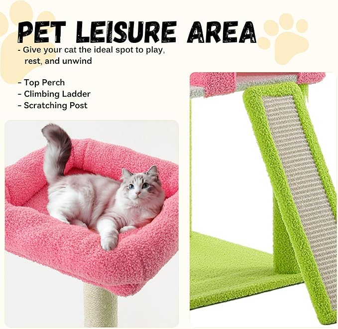 DWVO 68" Tall Cactus Cat Tree: Cats Tower with Sisal Scratching Posts, Kittens Hideout Pet House - Multi-Level Indoor Activity Center for Climbing Play, Green & Pink