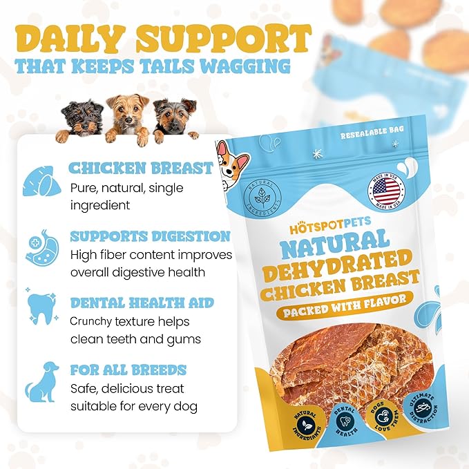 hotspot pets Dehydrated Chicken Breast Tenders- USA Chicken Breast -1lb Reasealable Bag, All-Natural, Made in USA - High Protein, Low Fat, Raw Dehydrated Chicken Breast Fillets Dog Treats