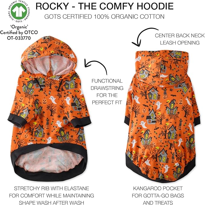 Rocky – The Orginal Lightweight Hooded TEE 100% Organic Cotton Dog Hoodie Pet Coat Sweater for Small, Medium, Large Dogs, Spooky, Small