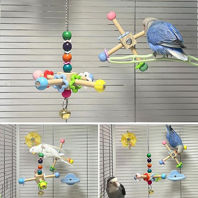2pcs Bird Spinner Toys for Parrots with Bells, Natural Wood Parakeet Toys for Cage, Bird Cage Accessories Chewing Hanging for Small and Medium Birds, Cockatiel, Conure, Lovebird, Budgie, Quaker