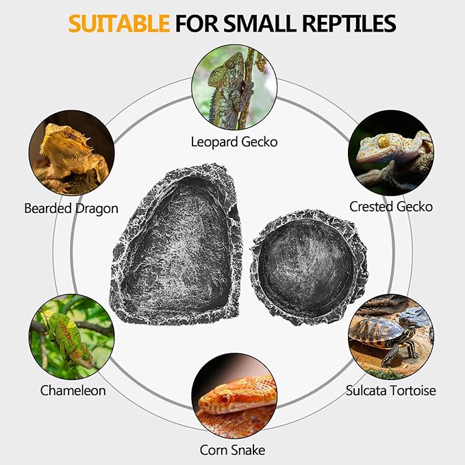 Reptile Water Dish Food Bowl for Bearded Dragon Tank Accessories, Reptile Rock Feeder for Tank 2 Pack Corner Resin Terrarium Bowl for Leopard Gecko Hermit Crab Tortoise Snake, Black