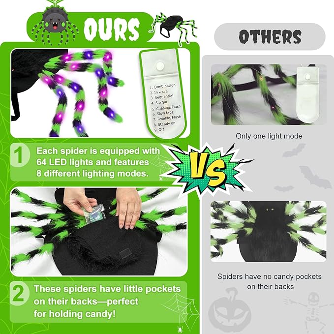 OurWarm Large Dog Halloween Costumes, Furry Funny Dog Spider Costume with 64 LED Purple Lights, Halloween Costumes for Large Dogs Pets Party Outfits Contest Clothes Cosplay Decor
