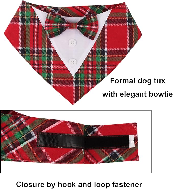 ADOGGYGO Christmas Dog Tuxedo Bandana, Red Green Plaid Pet Xmas Collar with Bow, Adjustable Christmas Costume for Small Dogs (S)