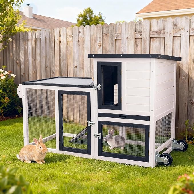 Rabbit Hutch Indoor Bunny Cage Outdoor Chicken Coop with Wire Floor Slide Out Tray, Chew-Resistant Ramp & Entrance Openable Waterproof Roof & UV-Resistant Roof Handle Wheels