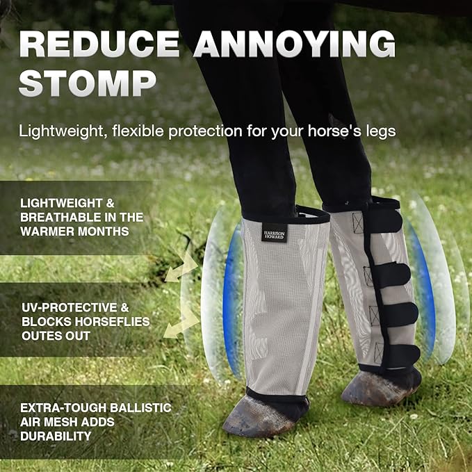 Harrison Howard Loose Fitting Fly Boots UV-Protective Extra Tough Mesh Ventilated Four Fasteners Stay-on Design Protect Horse Legs & Stomp-Reducing Set of 4 Silver Grey Large
