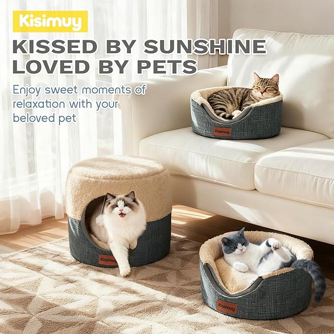 Cat Cave Bed for Indoor Cats, 2-in-1 Calming Anti-Anxiety House & Lounger, Durable Cozy Round Pet Bed with Cushioned Pillow & Anti-Slip Bottom for Small Dogs, 19.7 inches