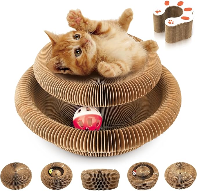 Collapsible Cats Cardboard Scratcher Interactive Pet Toys for Indoor Cats with Ring Ball Magnetic Kitten for Chase Scratch Paw