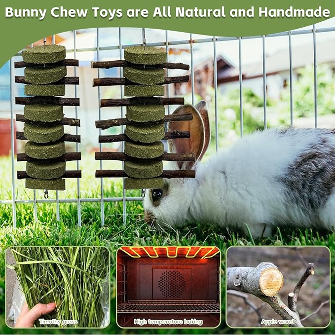 kathson 8PCS Bunny Chew Toys for Teeth Grinding, Chinchilla Treats Organic Bamboo Sticks Natural Fruitwood Branches for Rabbits Guinea Pigs Hamsters (Fruitwood Sticks+Alfalfa Cakes)