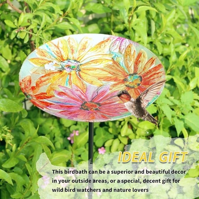 MUMTOP Glass Bird Baths for Outdoors-Outdoor Bird Bath Bowl- Watercolour Daisy Birdbaths Yard Stake, Bird Feeders for Outside, Garden, Patio, Lawn Decor