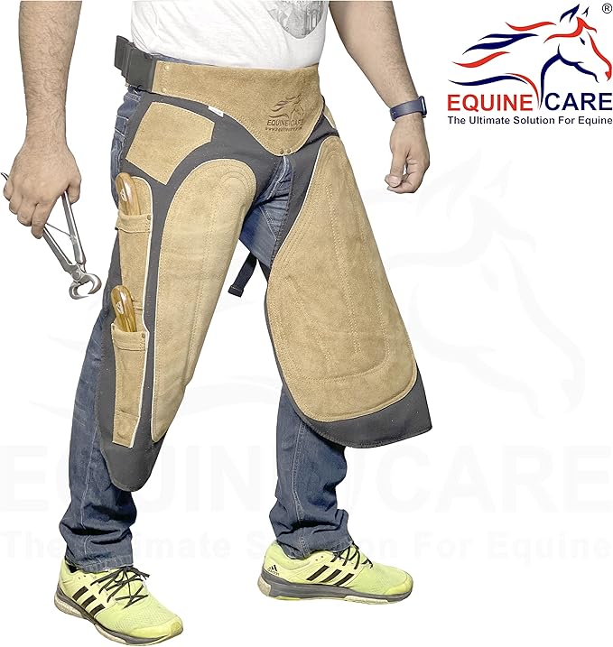 Equine Care Farrier Apron Chaps – Cowhide Suede Leather & Canvas, Adjustable Waist 28"-52" with Back Support, Tool Pockets & Nail Magnets – 23", 25", 27", 29" for Horse Shoeing (27 inches (70 cm))