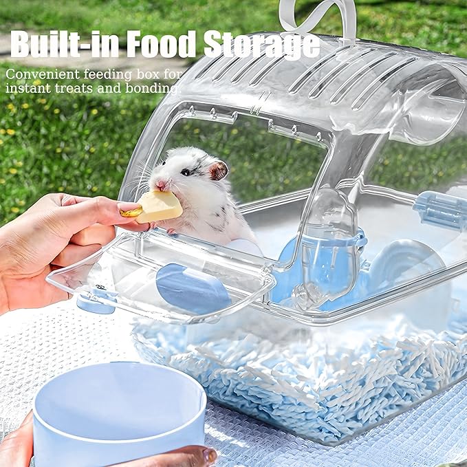 Small Portable Hamster Cages,13×8.2×10.8 Inch Hamster Carrier with Water Bottle,Dwarf Hamster Travel Cage with Storage Box,360º Transparent Acrylic Pet Travel Carrier,Mouse Gerbil Cage(Blue)