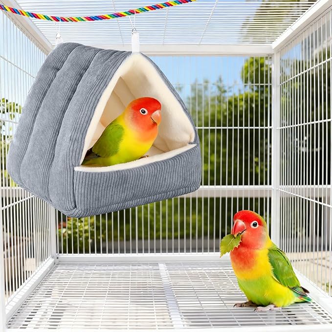 Small Winter Warm Bird Bed for Cage with Soft Plush Hanging Hammock & Hut Tent, Hideaway Sleeping Nest for Budgies, Cockatiels, Small Animals, and Guinea Pig Hideouts (Grey, S)