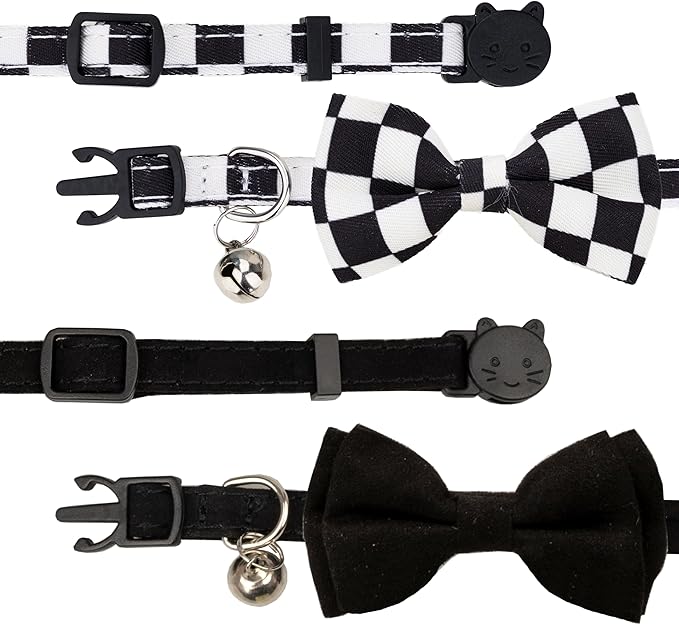 Collar for Cat Pet Breakaway with Bell Bowtie Detachable Bow Adjustable Safety Kitten Puppy Girl Boy 2pcs Plaid & Solid-Black
