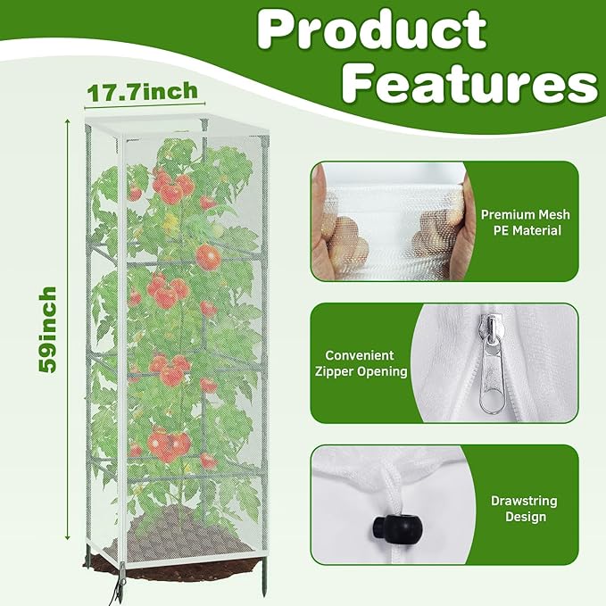 3 Pack 59"x18" Bird Netting Plant Cover for Garden Square Tomato Cages Protection,Insect Bird Barrier Garden Plant Netting Tomato Trellis Protective Cover with Zipper & Drawstring