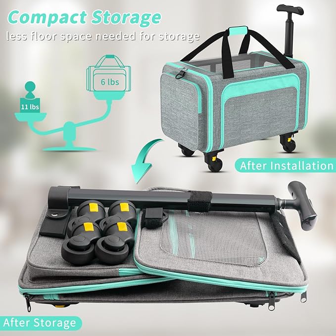 Pet Carrier with Detachable Wheels, TSA Airline Approved Rolling Cat Carrier for Small Dogs and Cats up to 15Lbs, Sturdy Frame & Smooth 360° Wheels for Travel & Vet - 18" L x 11" W x 11"