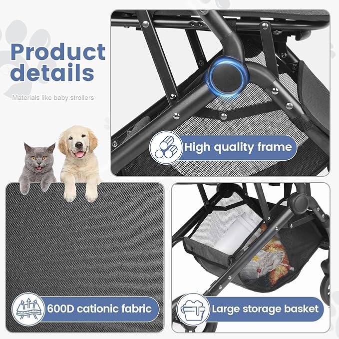 Wedyvko 3 in 1 Dog Stroller, Upgraded Frame, Pet Stroller for Medium Dogs, Shock Absorption, Luggage, Zipperless Entry, Storage Basket & Pouch, Cat Strollers with Dog Poop Bags & Dispenser (Gray-P11)