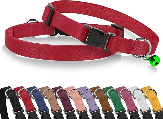 Breakaway Cat Collar with Bell - Leather Adjustable Kitten Collars with Safety Quick Release Buckle - Soft Small Pet Collars for Girl & Boy Cats (Red)