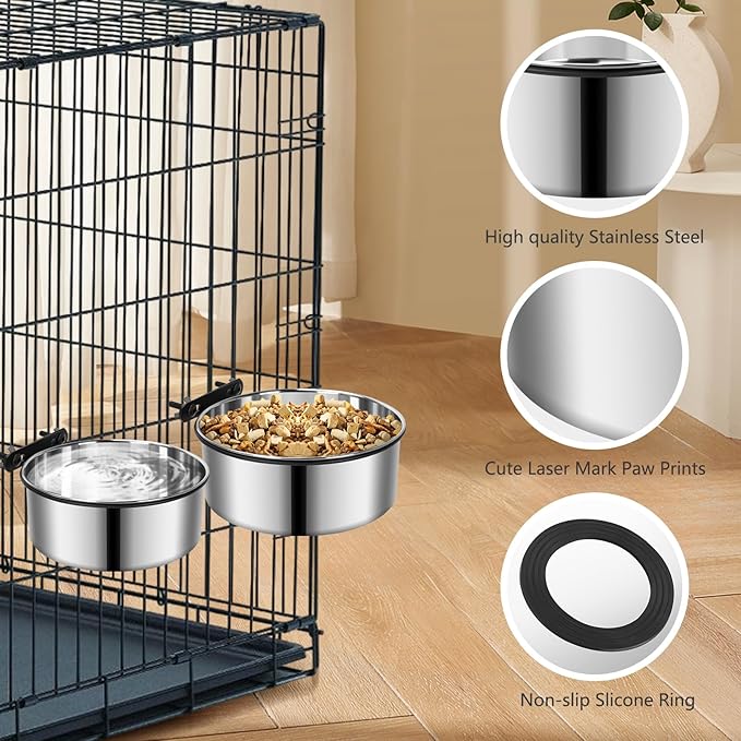2 Pack Large Kennel Bowls Mountable,Dog Crate Water Bowl No Spill,Hanging Dog Bowl for Crate Cage,Stainless Steel Dogs Water Feeder Dish for Dogs Cats Bunny Ferret Bird,Silver