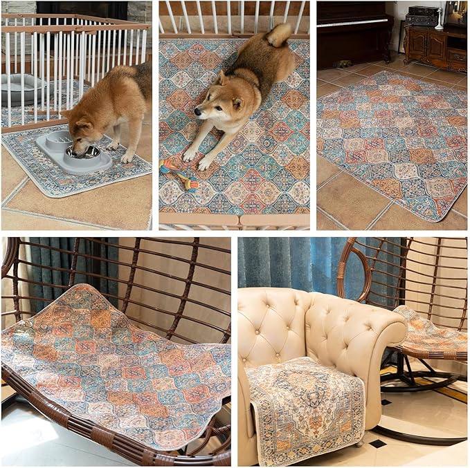 nunubaby Washable Pee Pads for Dogs, Stylish, Non-Slip and Leak-Proof Pee Pads. Reusable Potty Pads for Dogs for Crates and Floors.(Dark Red/Multi, 24" x48" )