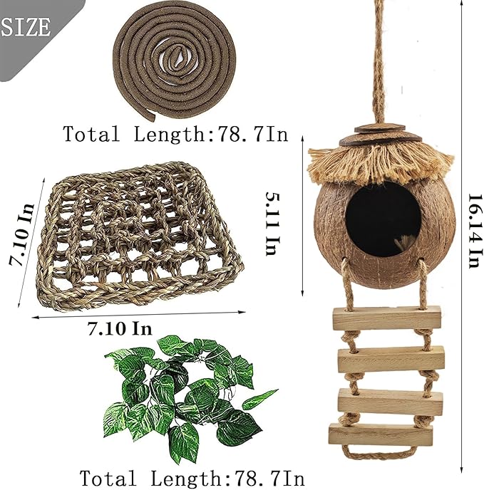 Gecko Tank Accessories,Grested Gecko Coconut Hideout Hut with Ladder Reptile Hanging Plants Climbing Bearded Dragon Hammock Flexible Jungle Vine Leaves Terrarium Decor