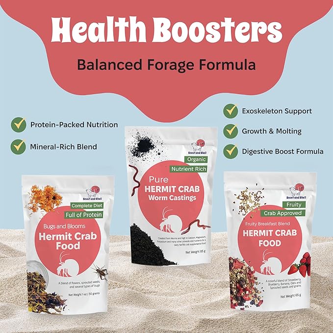 Snout and Shell Hermit Crab Food Variety Pack – Fruity Breakfast, Bugs & Blooms, and Organic Worm Castings – High-Protein, Nutrient-Rich Diet with Fruits, Seeds, Bugs & Minerals – All-Natural, Non-GMO