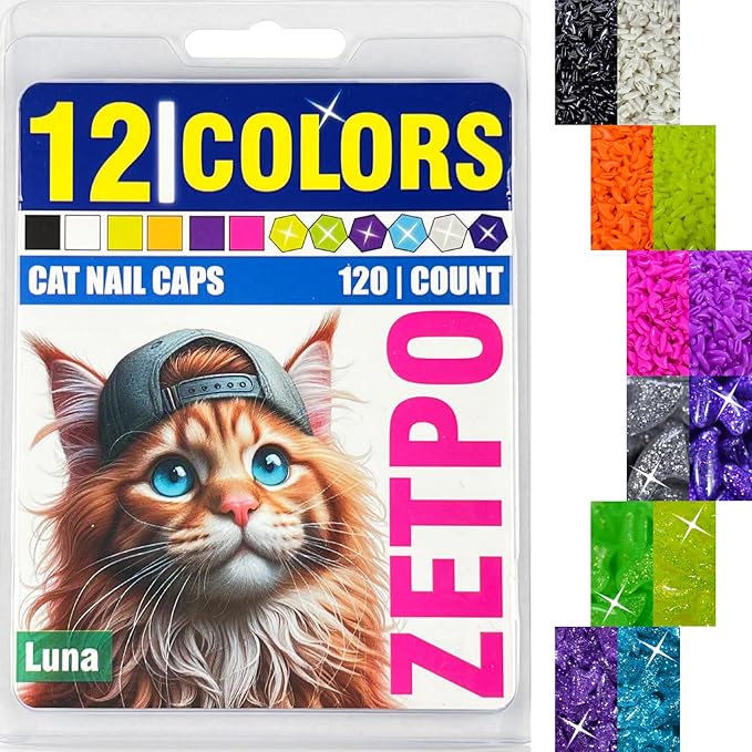 zetpo Cat Nail Caps | Cat Claw Covers | with Adhesives and Applicators (XS, 12x Colors/Luna | 120 pcs)