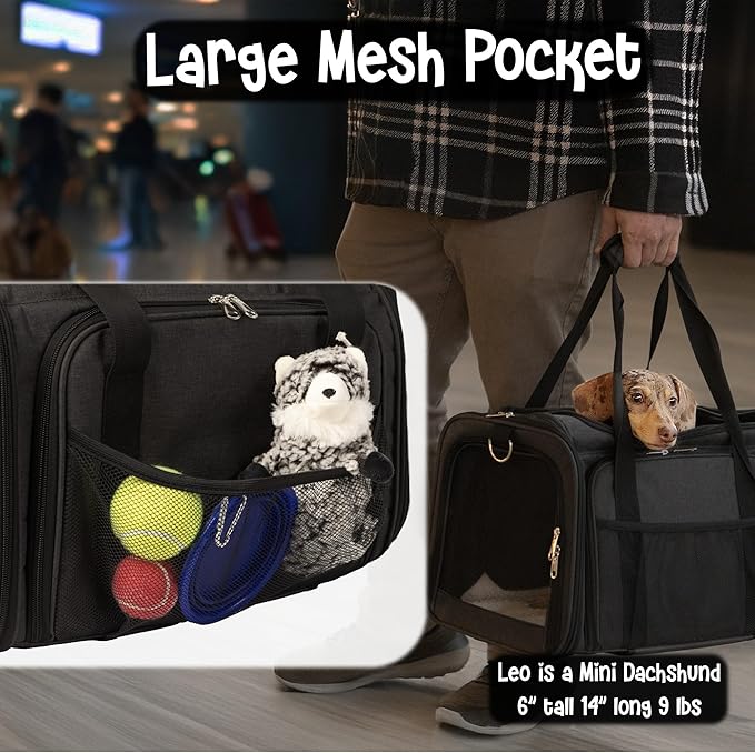 Pet Carrier with Wheels | Delta American Frontier Airline Approved | Two Expandable Sides, Storage Pockets Adjustable Leash | Rolling Dog and Cat Carrier TSA Compliant (Black 17x12.5x11)