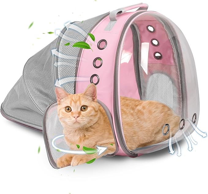 Cat Backpack Carrier Back Expandable Bubble Pet Carrier Backpack for Large Cat, Kitten and Dog, Designed for Hiking, Travelling and Outdoor Use (Back Expandable-Pink)