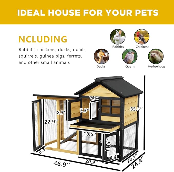 Chicken Coop, Chicken Run,Small Wooden Duck Coop Outdoor 2-Tier Hen House All Weather Used Poultry Quail Cage Rabbit Pet Hutch House with Ramp for Small Animals (Yellow Black)