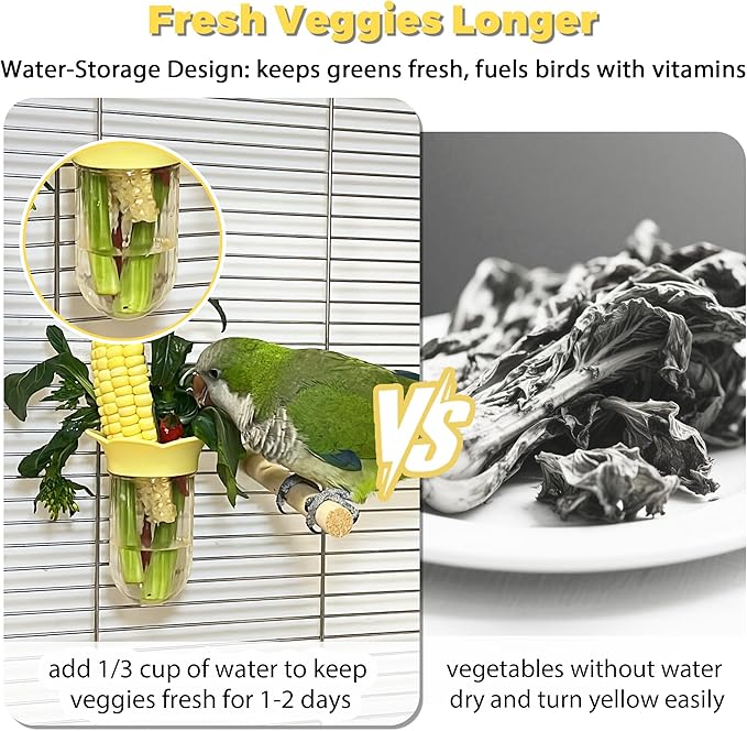 2Pcs Bird Cage Feeder for Vegetable, Parrot Veggies Holder with Water-Storage Design to Keep Greens Fresh, No Mess Hanging Millet Feeder for Parakeet, Quick Clean Clip, No Spill Feeders for Parrots