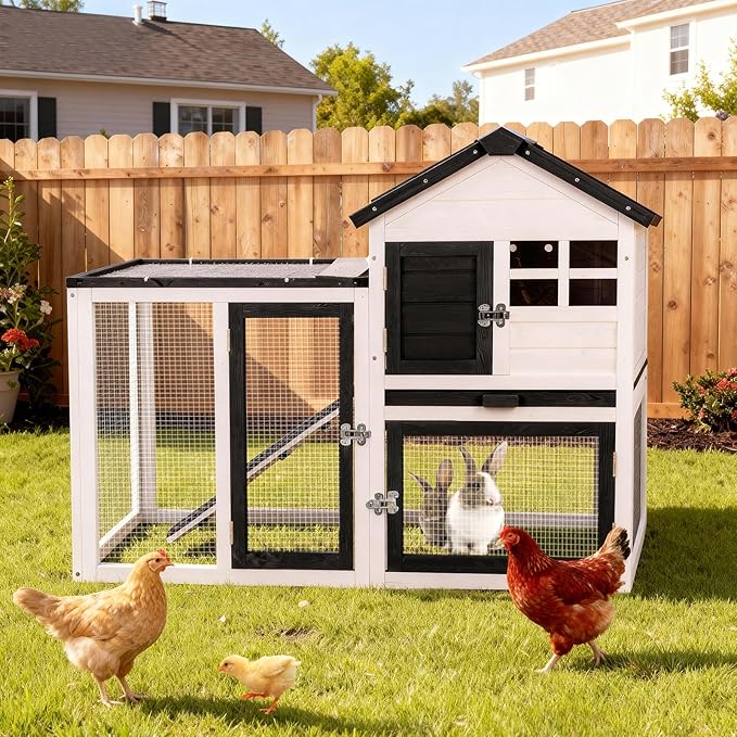 Rabbit Hutch Bunny Cage Indoor/Outdoor, Small Chicken Coop, with Metal Mesh Floor & Removable Tray, Secure Sliding Door, Chew-Resistant Rug Ramp