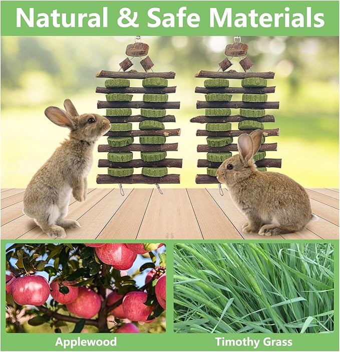 Hamiledyi 2 PCS Rabbit Chew Toys Hanging Bunny Toys for Teeth Grinding Natural Apple Wood Sticks and Timothy Grass Cake Improve Small Animals Dental Health Treats for Guinea Pig Hamster Chinchilla