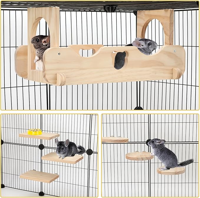 Rypet Wood Chinchilla Suspension Bridge, Pine Wood Chinchillas Ledges Set and Cage Platform, Small Animals Habitat Toy Chinchillas Cage Accessories Chinchilla Hideout for Sugar Gliders Rats Squirrel