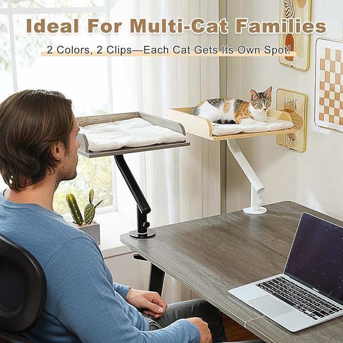 PAWZ Road Cat Desk Bed, Wooden Cat Bed for Desk Supports Up to 50 lbs, 360° Rotation & Adjustable, Nest Desktop Attachment Cats Hammock for Table, Beige