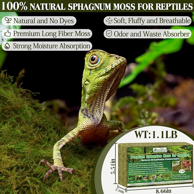 ZeeDix 1.1 lb Premium Sphagnum Moss for Reptile,25 qt Green Natural Reptile Moss Bedding for Terrarium Plants, Long Fiber Reptile Moss for Leopards, Geckos, Snakes, Turtles, Frogs