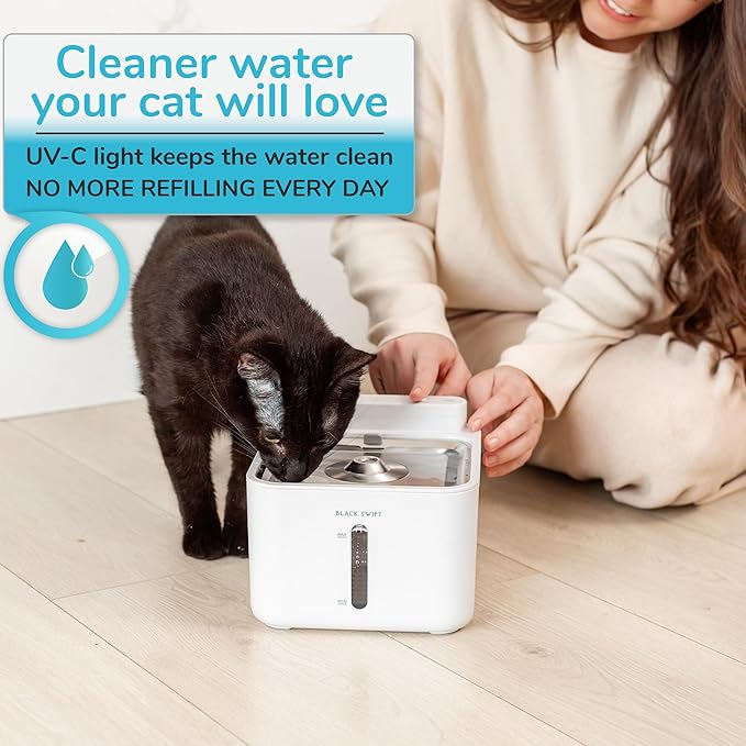 BLACK SWIFT UV Cat Water Fountain Stainless Steel – 108oz / 3.2L, BPA-Free, Battery Operated Pet Fountain with Motion Sensor, Quiet Pump & 4-Stage Filter – 10 Filters Included