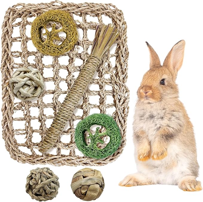 Hamiledyi Rabbit Seagrass Activity Mat Bunny Toy Hanging Rabbit Chew Toys for Teeth Enrichment Toys Seagrass Protector Mat Small Animal Toys for Chinchilla Guinea Pig Hamster Rat Rodent