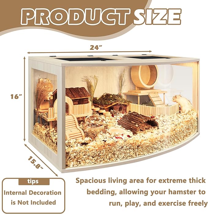 Prolee Hamster Cage Chew Proof Wood, Hamsters Enclosure Openable Top with Curved Design,Waterproof Small Animals Cage with Acrylic Sheets for Gerbils,Hamster Habitat(24 Inches)