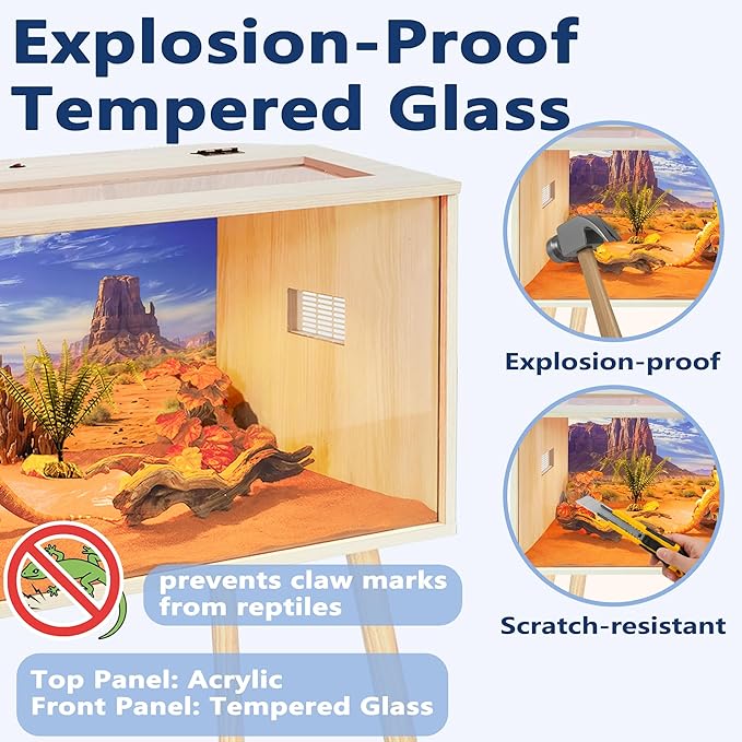 Prolee 63 Gallon Reptile Tank, Tempered Glass Bearded Dragon Tank with Wooden Roof and Lockable Doors, Large Lizard Habitat for Snakes, Iguanas, Chameleons (Oak) (Oak, 63 gallons,40x20x20 inch)