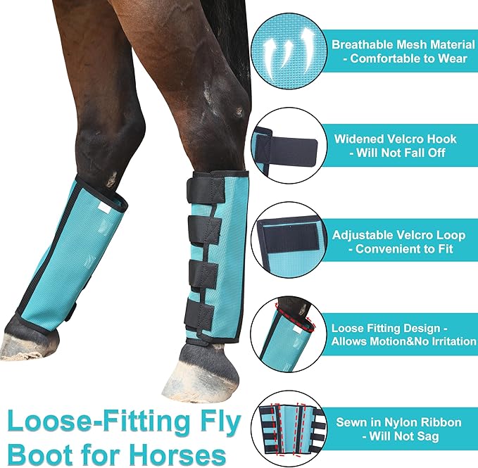 Adjustable Horse Fly Boots Set of 4, Breathable Mesh Fly Boots for Horses, Equine Leg Protection Reduce Stomping, Horse Leggings Leg Guards