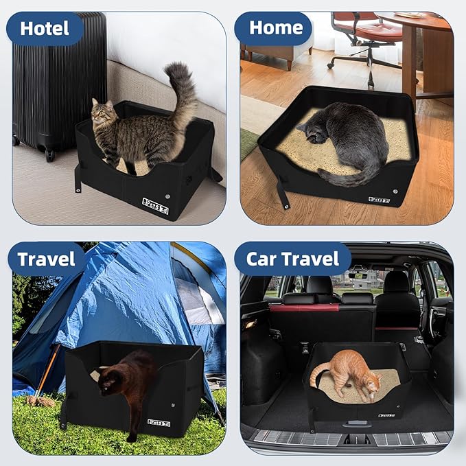 Petskd Portable Travel Litter Box for Cats with Lid and 10 pcs Liner Bags, Light Weight, Leak-Proof and Higher Sides for Road Trips, Hotel Stays, Car Travel(Black)