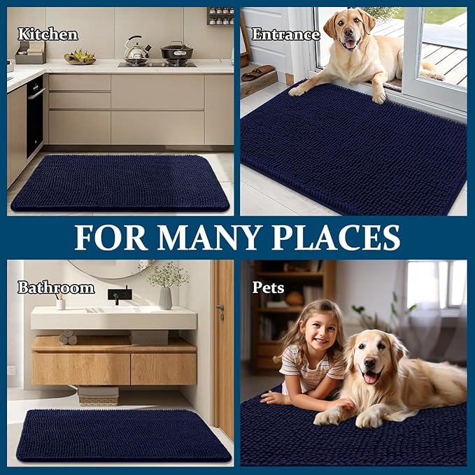 OLANLY Dog Door Mat Set 4-Piece 30x20, Absorbs Moisture and Dirt, Absorbent Non-Slip Washable Doormat, Quick Dry Chenille Mud Mat for Dogs, Entry Indoor Entryway Carpet for Inside Floor, Navy Blue