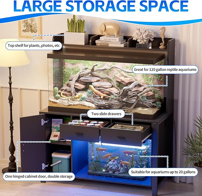 PAKASEPT 120 Gallon Reptile Tank Stand with LED Lights & Power Outlet,4x2x2 Large Reptile Terrarium Enclosure Stand with Storage Cabinet, for Bearded Dragons, Snakes, Lizards,Black