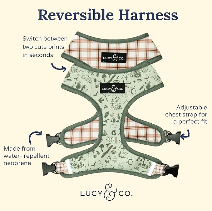 Lucy & Co. Cute Reversible Dog Harness Walking Halter - Best Designer Pet Harnesses for XS - XL Dogs - Padded Adjustable Vest for Easy Walking-Large-Green Outdoor Plaid
