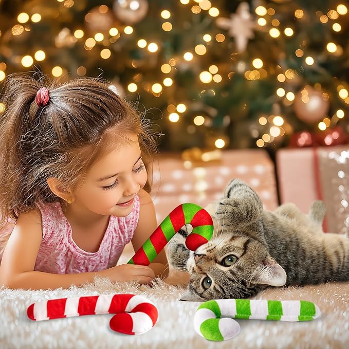MALLMALL6 3Pcs Christmas Candy Cane Catnip Toys Gift for Cat, Indoor Cat Chew Bite Kick Catmint Pet Toys Supplies for Cat Lover Xmas Gifts, Cute Interactive Cat Toy for Pet Presents (Tricolor)