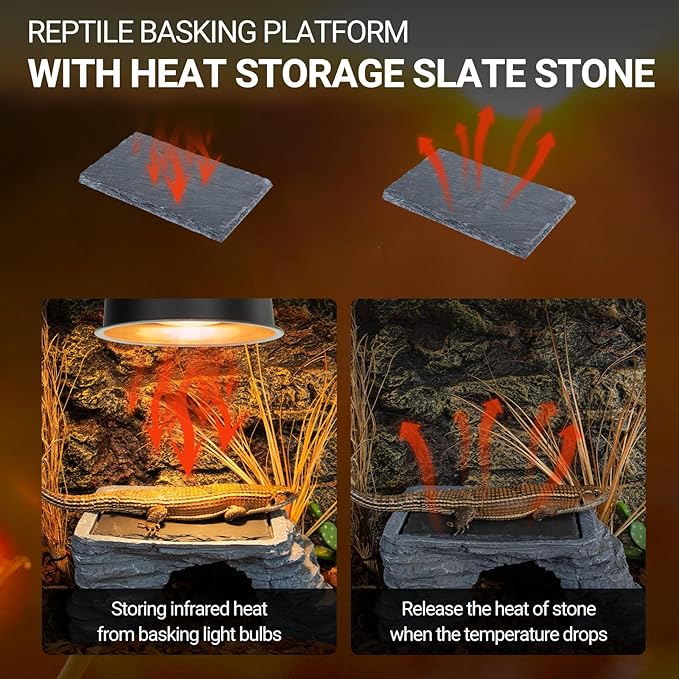 REPTI ZOO Large Bearded Dragon Basking Platform, 12.5x7x5 inch Gecko Hide Cave with Heat Storage Slate Stone, Reptile Basking Rock Climing Hideout for Leopard Crested Gecko Lizard Turtle